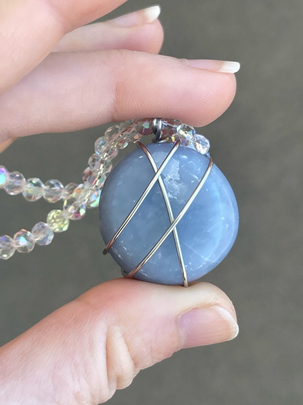 Blue Anhydrite Stainless Steel Sliver Wire Wrap Necklace White AB Glass Beads - Picture 3 of 5